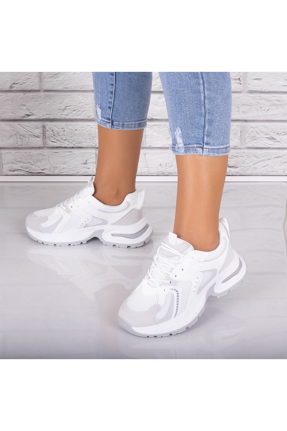 Botinelli Pantofi sport damă albi/gri din piele/material textil Sianna, 37