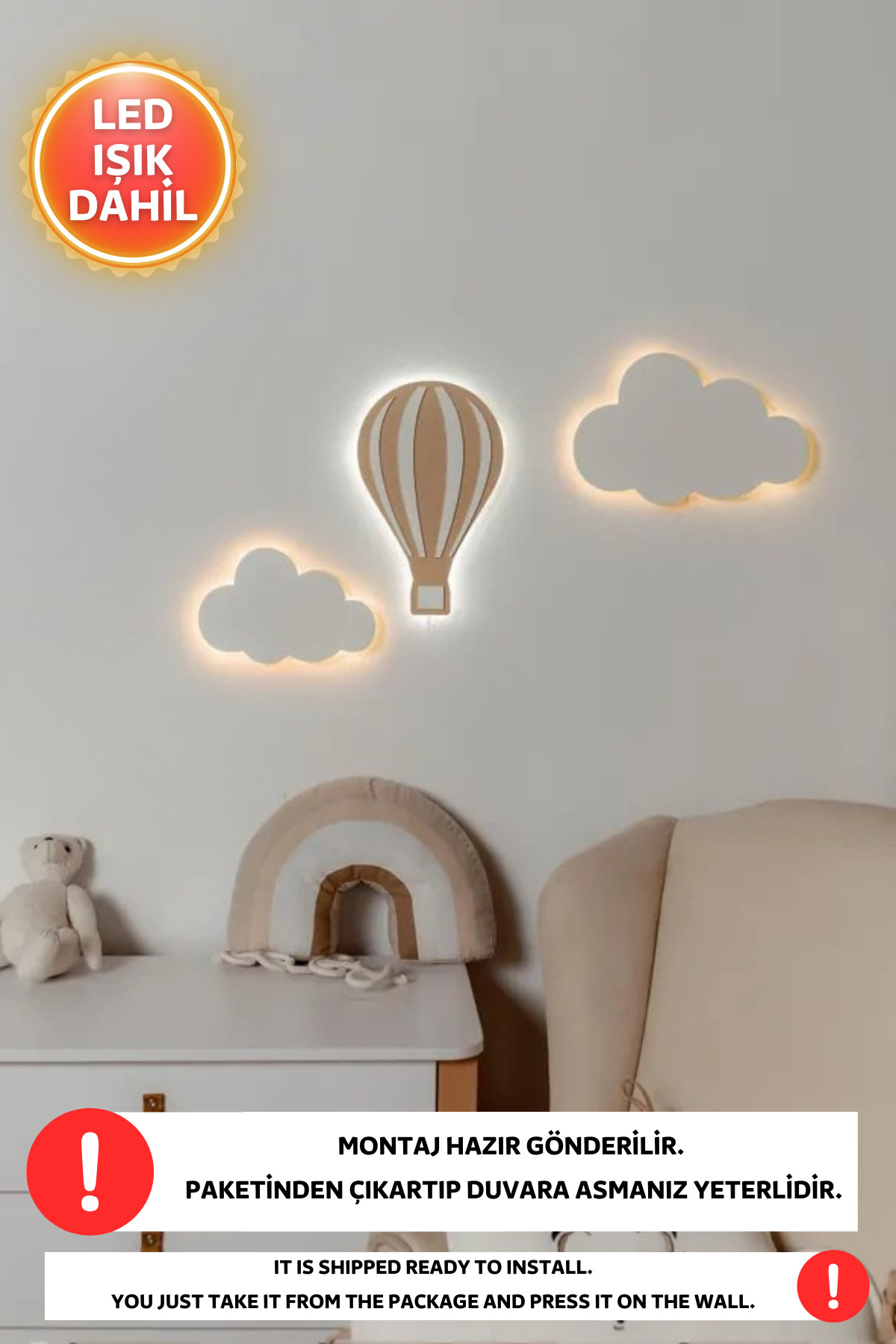 Dekorvin 3lü Set 2 Adet Bulut 1 Adet Balon Led Işıklı Çocuk Odası Gece Lambası Bebek Çocuk Odası Duvar Lamba fotoğrafı 2 (önizleme)