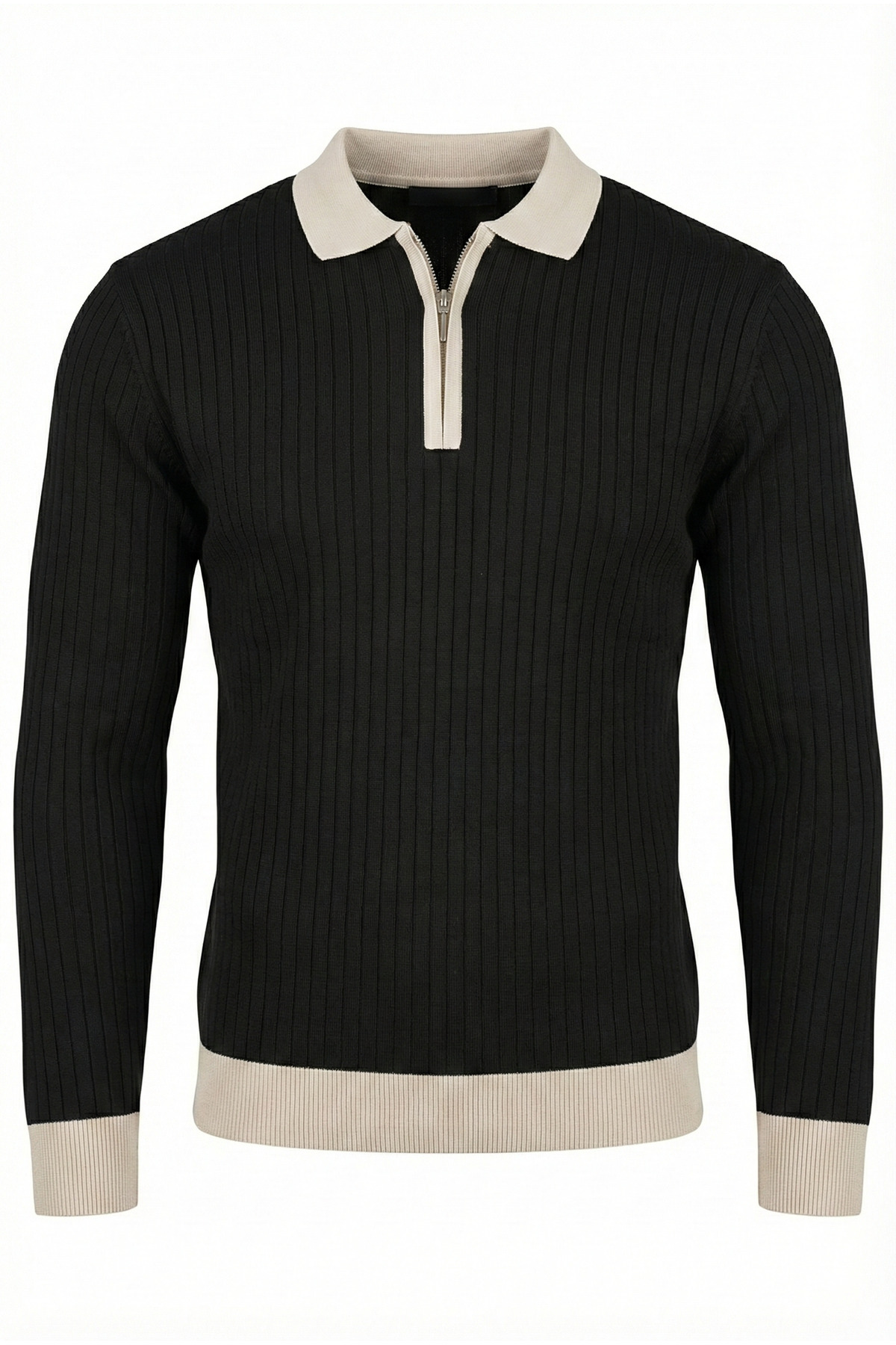 viyamen  Erkek Siyah Likralı Slim Fit Yarım Fermuarlı Triko Kazak - Görsel 3