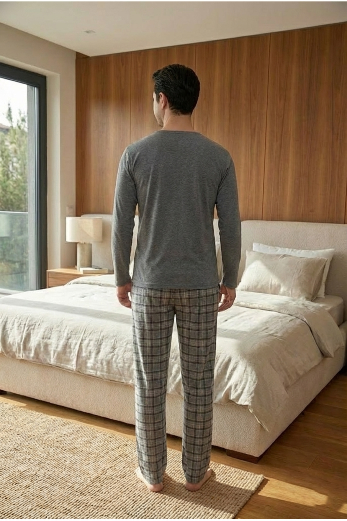 STELLAPİNK  Erkek Penye Ekoseli Gri Uzun Pijama Takımı - Görsel 3