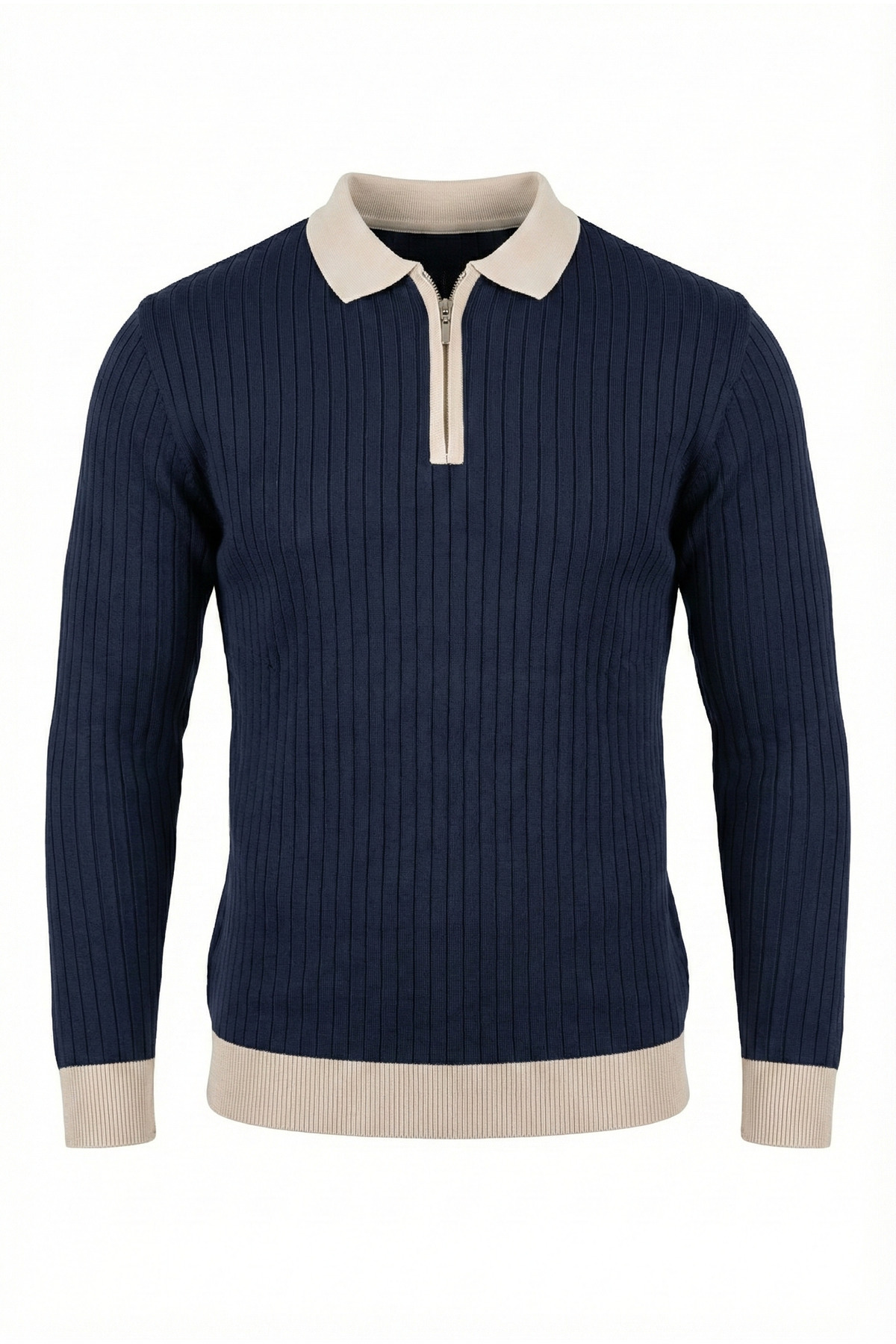 viyamen Erkek Lacivert Likralı Slim Fit Yarım Fermuarlı Triko Kazak görsel 2