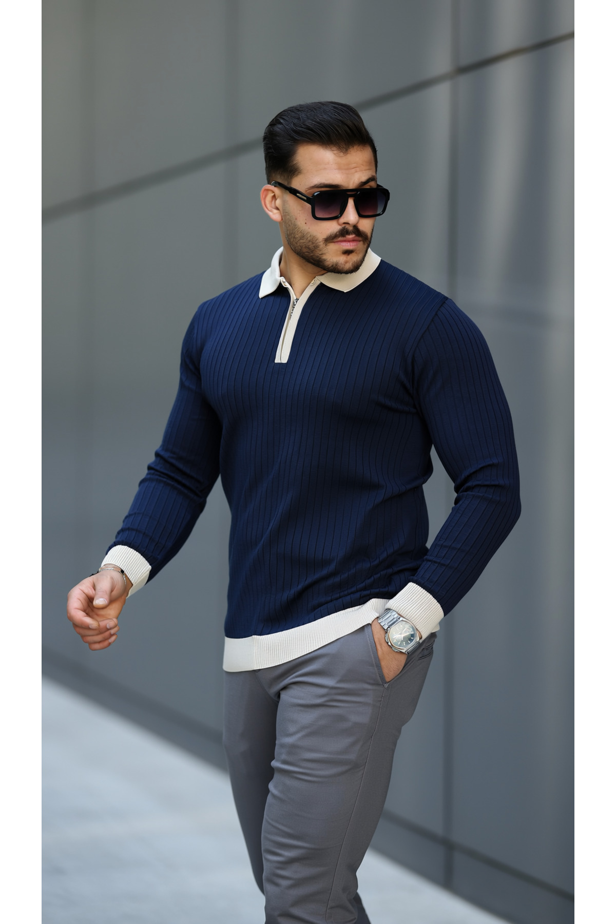 viyamen Erkek Lacivert Likralı Slim Fit Yarım Fermuarlı Triko Kazak görsel 3