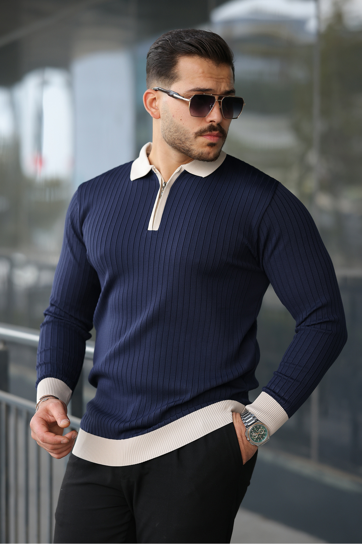 viyamen Erkek Lacivert Likralı Slim Fit Yarım Fermuarlı Triko Kazak