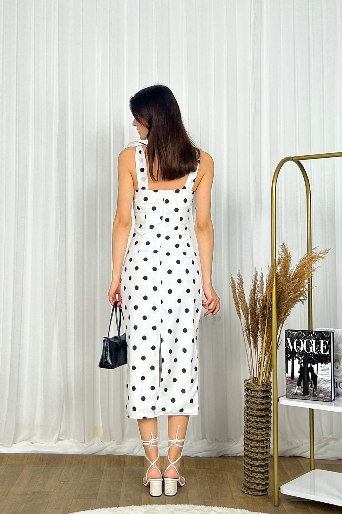 Klex  Askılı Bağlama Detaylı Puantiyeli Midi Elbise - Görsel 2