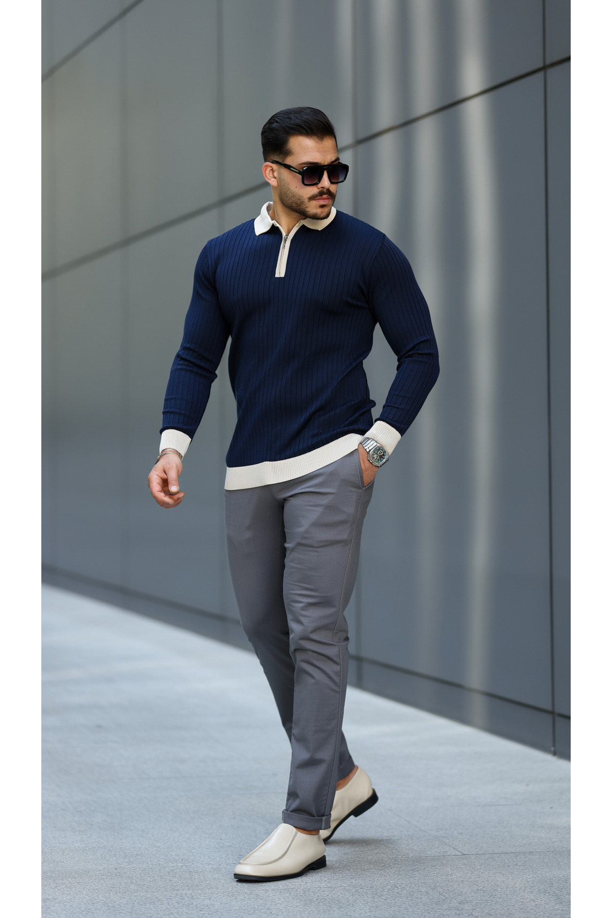 viyamen Erkek Lacivert Likralı Slim Fit Yarım Fermuarlı Triko Kazak görsel 4