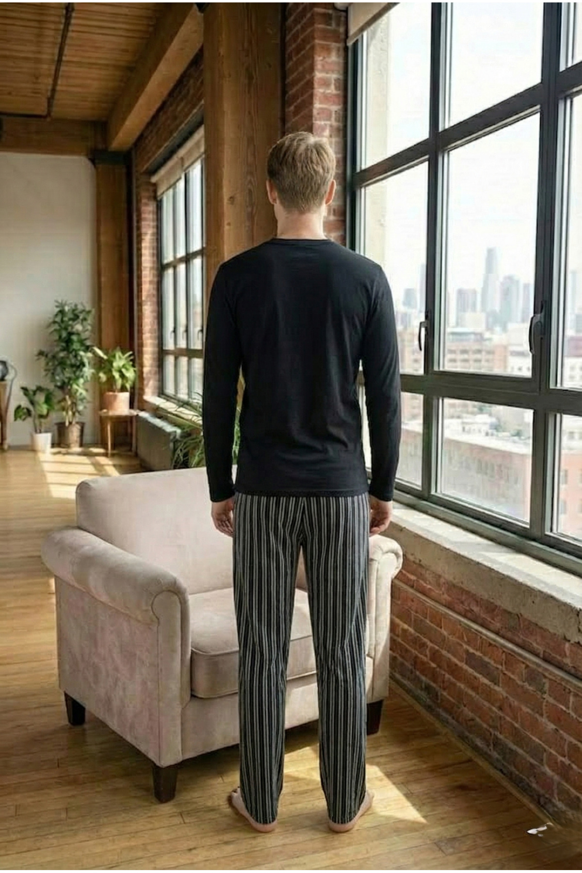 STELLAPİNK Erkek Penye Ekoseli Siyah Uzun Pijama Takımı görsel 4