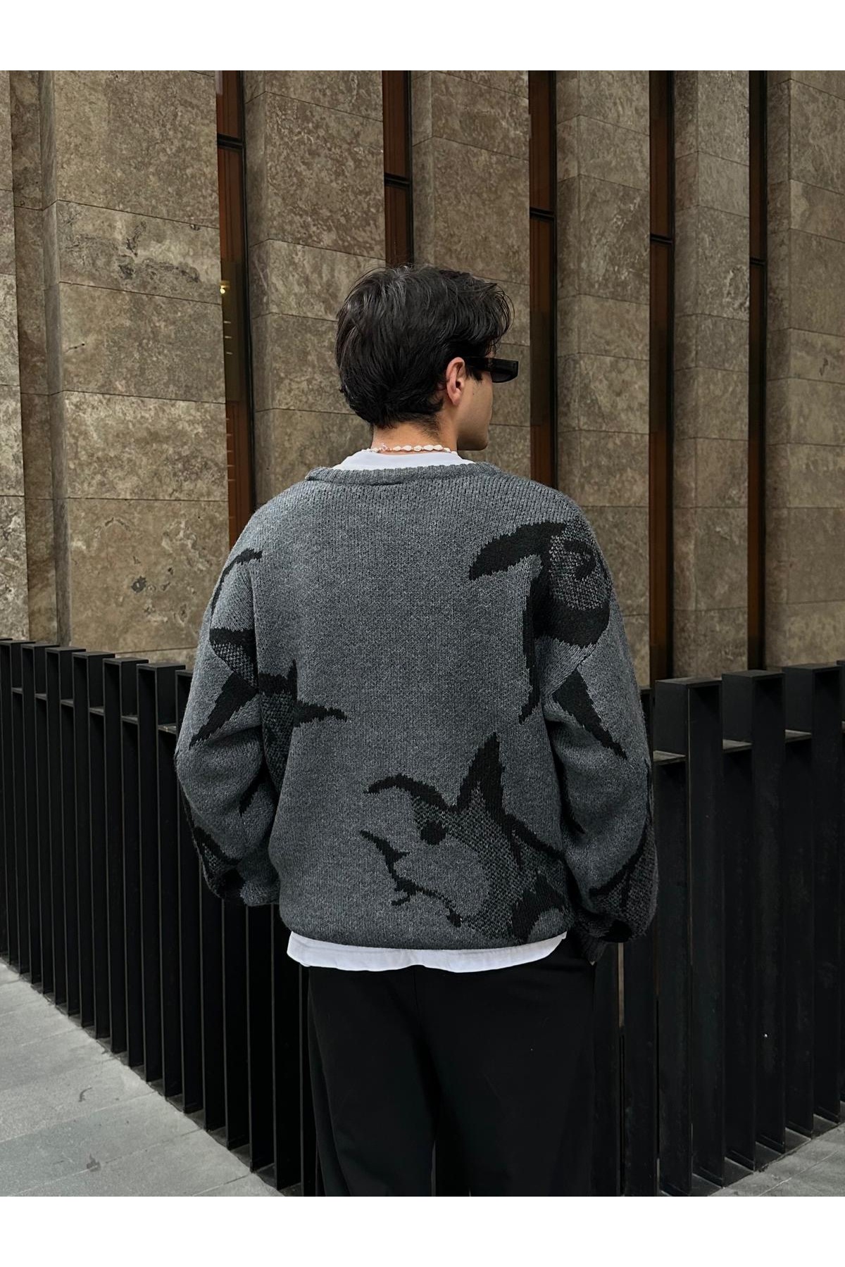 ATE STUDIOS Koyu Gri Wolf Desen Premium Oversize Triko Kazak görsel 6