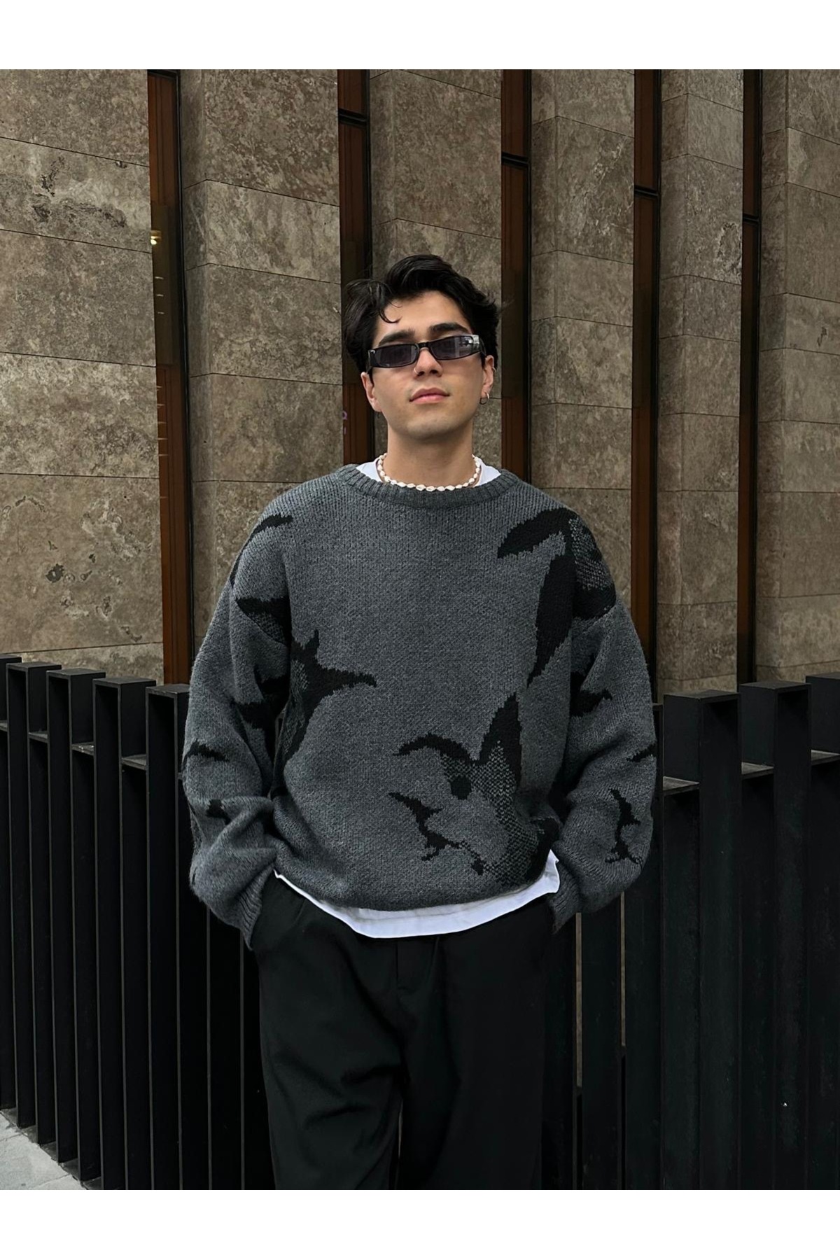 ATE STUDIOS Koyu Gri Wolf Desen Premium Oversize Triko Kazak görsel 5