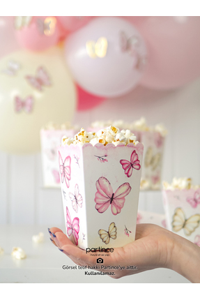 partince 8 Adet Pembe Kelebek Tema Popcorn Patlamış Mısır Kutusu