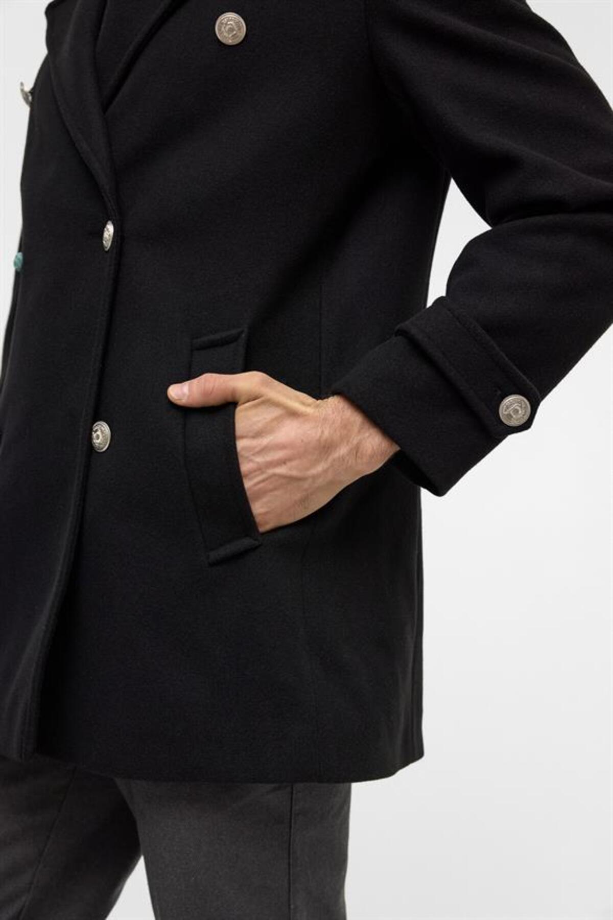 SÜVARİ  Siyah Slim Düz Kruvaze Yaka Kaban - Görsel 4