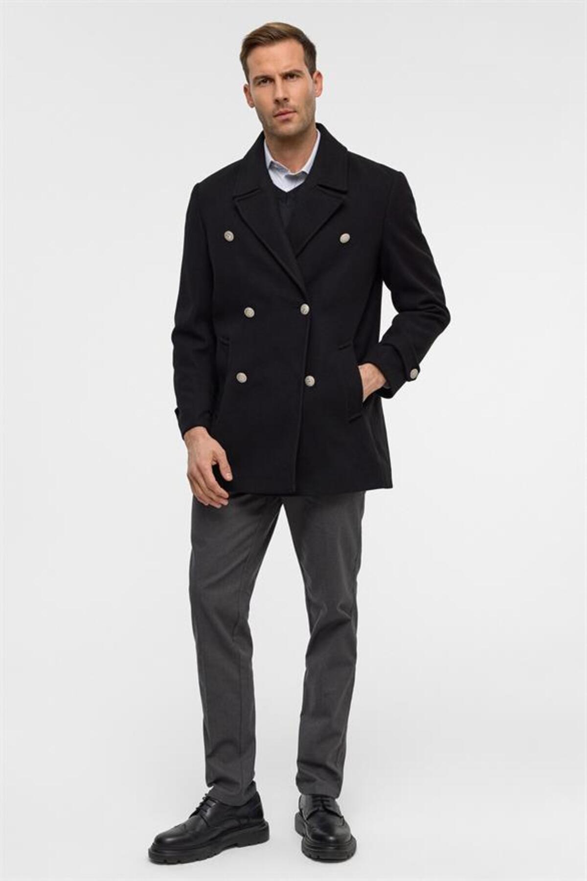 SÜVARİ  Siyah Slim Düz Kruvaze Yaka Kaban - Görsel 7