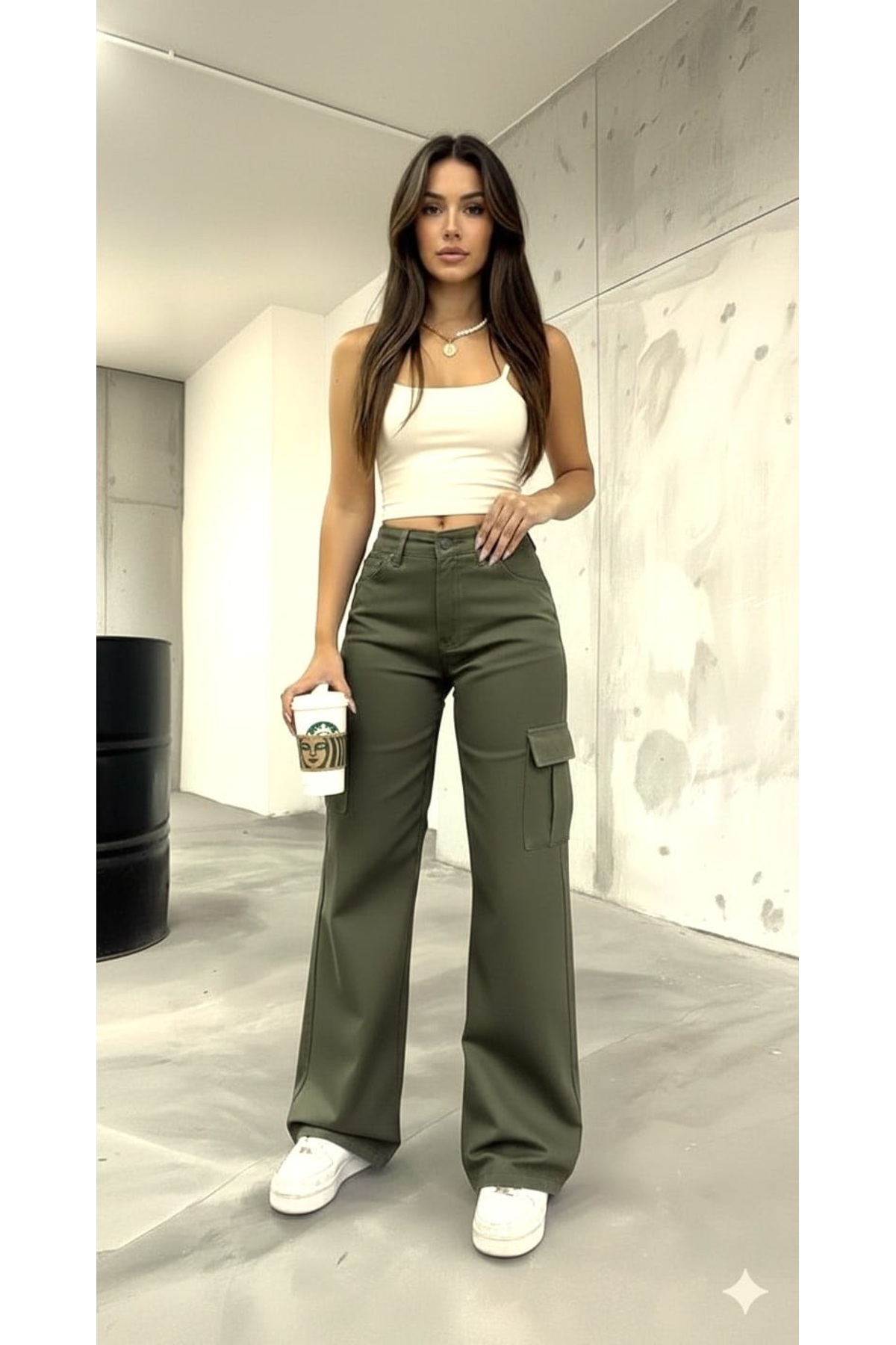 NWC  Lovrens 90`s Likralı Salaş Kadın Haki Yeşil Kargo Süper Yüksek Bel Salaş Paça Denim Kot Pantolon - Görsel 2