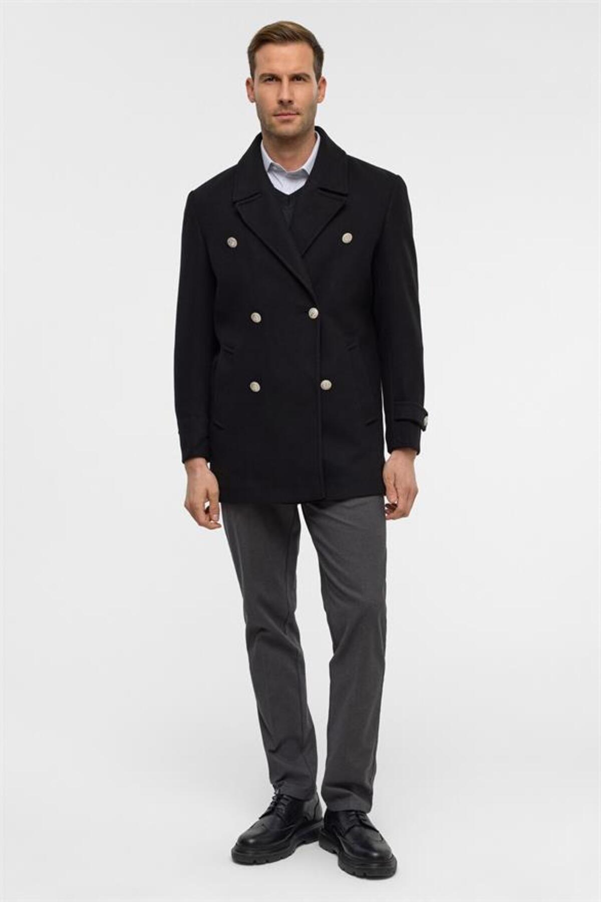 SÜVARİ  Siyah Slim Düz Kruvaze Yaka Kaban - Görsel 6