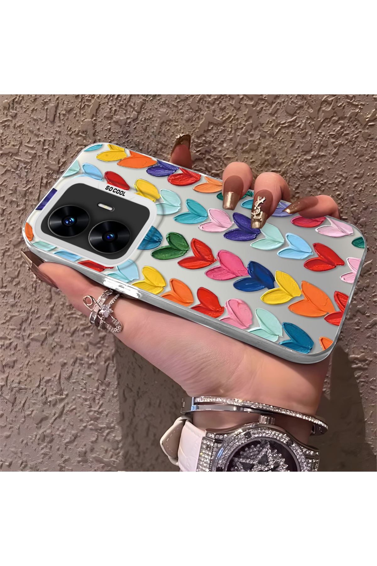 Realme C55 Compatible Silicone Edge Hard Back Anti Fall Pouch Colorful Heart