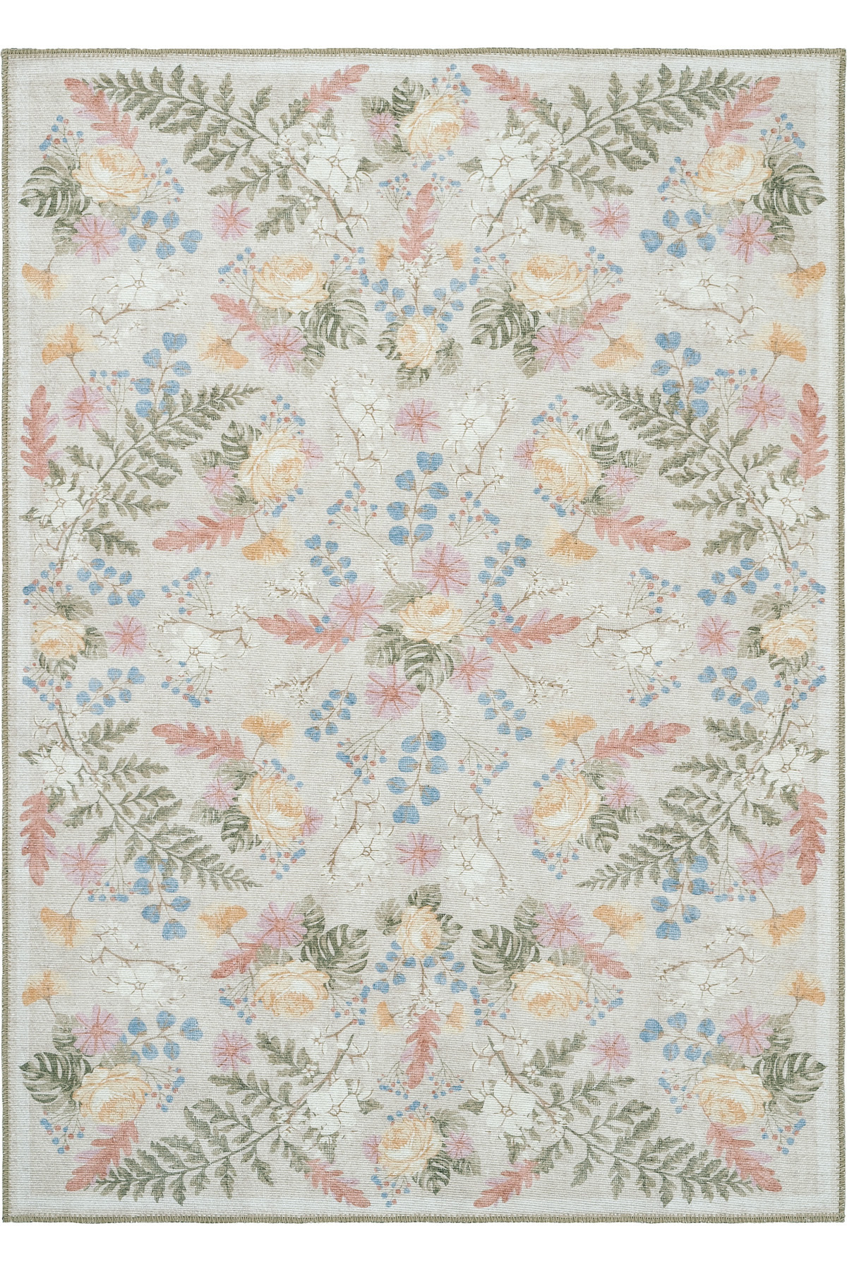 Florence Cream Green Floral Decorative Bohemian Aged Washable Woven Thin Living Room Home Room Rug