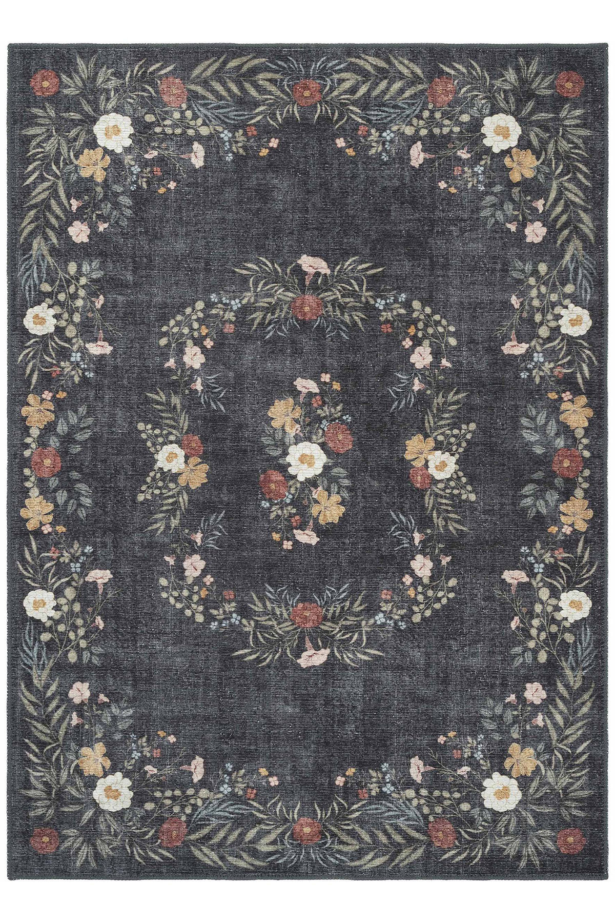 Florence Black Brown Floral Aged Authentic Washable Woven Living Room Living Room Rug