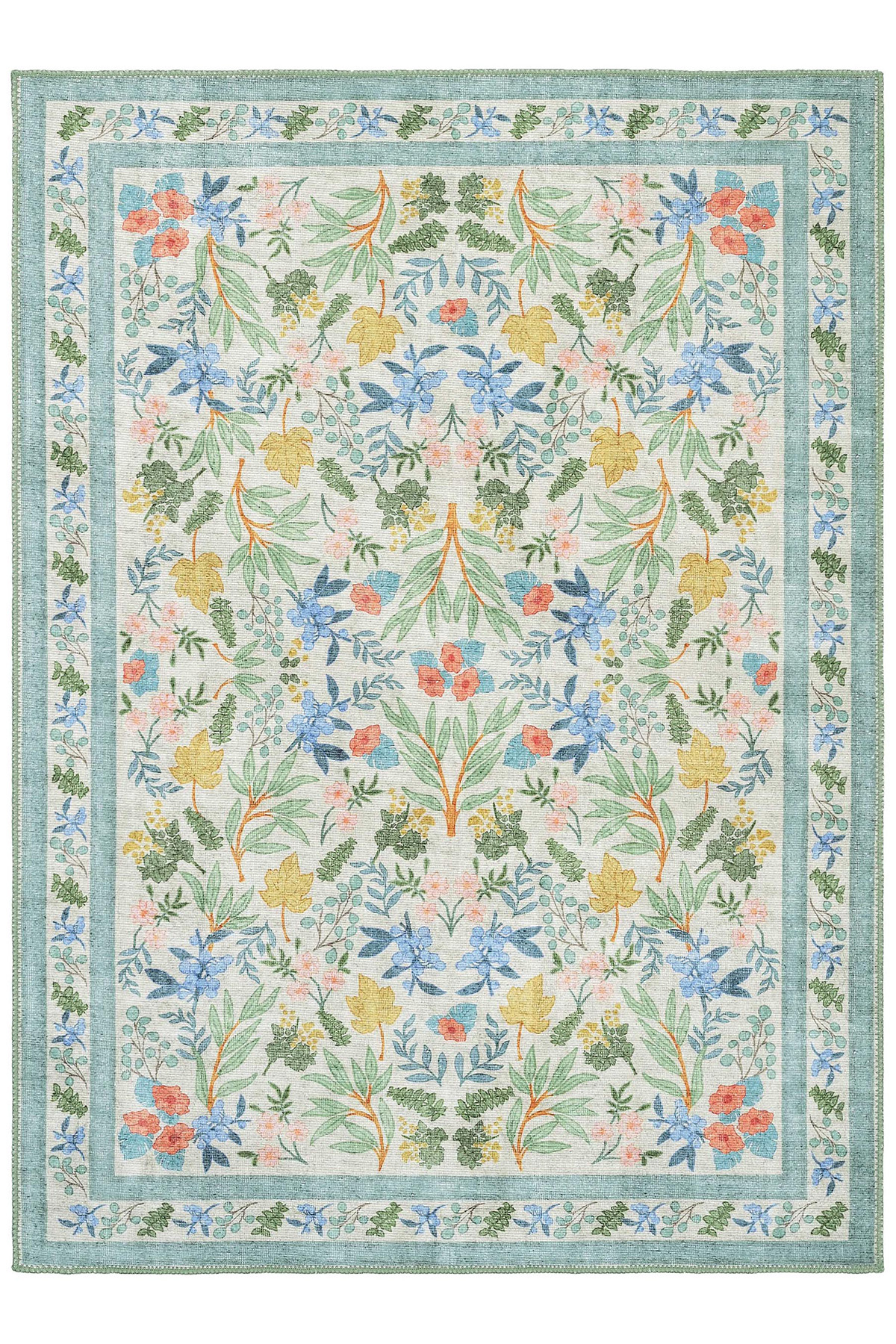 Florence Cream Green Multicolor Border Floral Authentic Bohemian Washable Woven Thin Living Room Rug