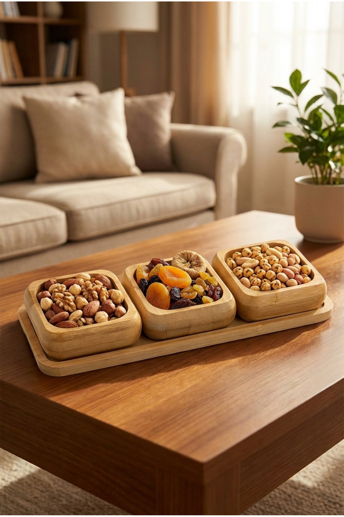 MAKRİ HOME Bambu 3'lü Çerezlik & Kuruyemiş Sunum Seti Kare