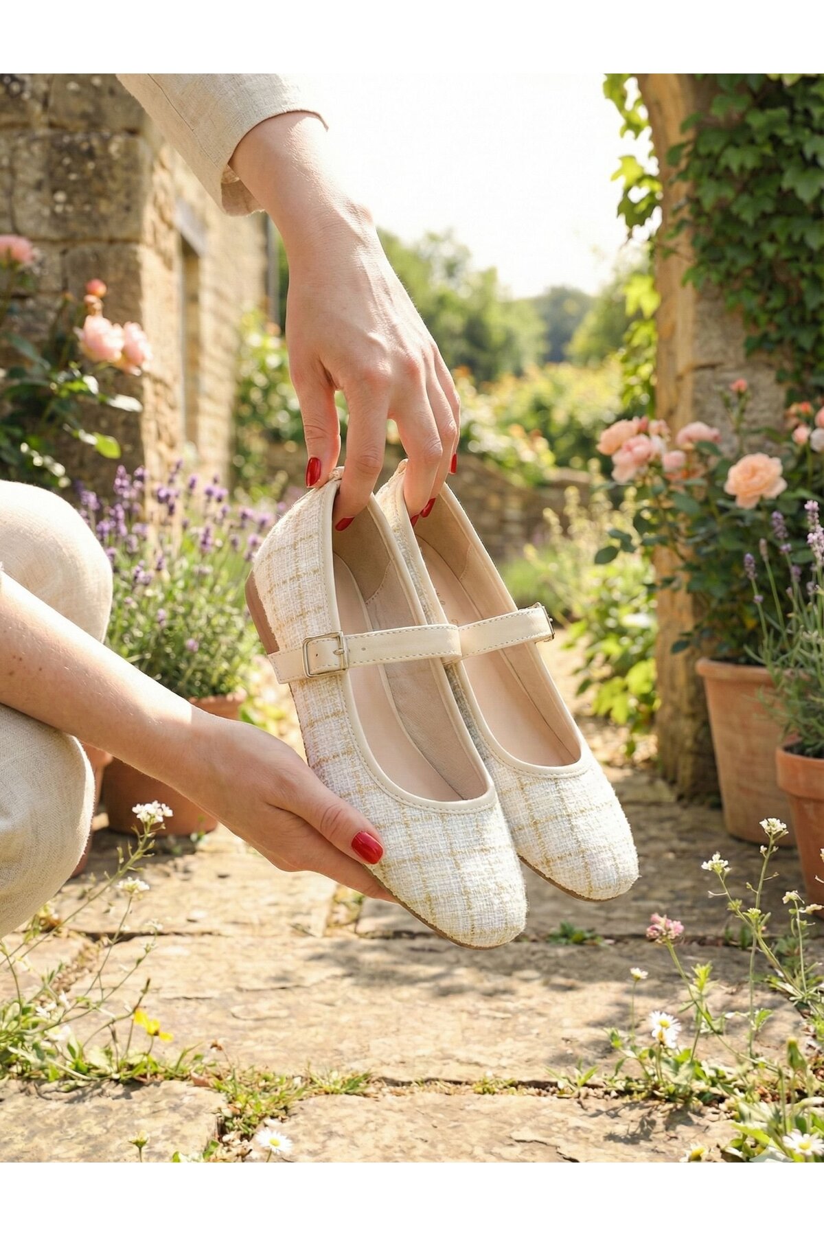 Slipcat  Tüvit Kumaş Mary Jane Babet Şık Tokalı Ortopedik Taban Günlük Ayakkabı - Görsel 2