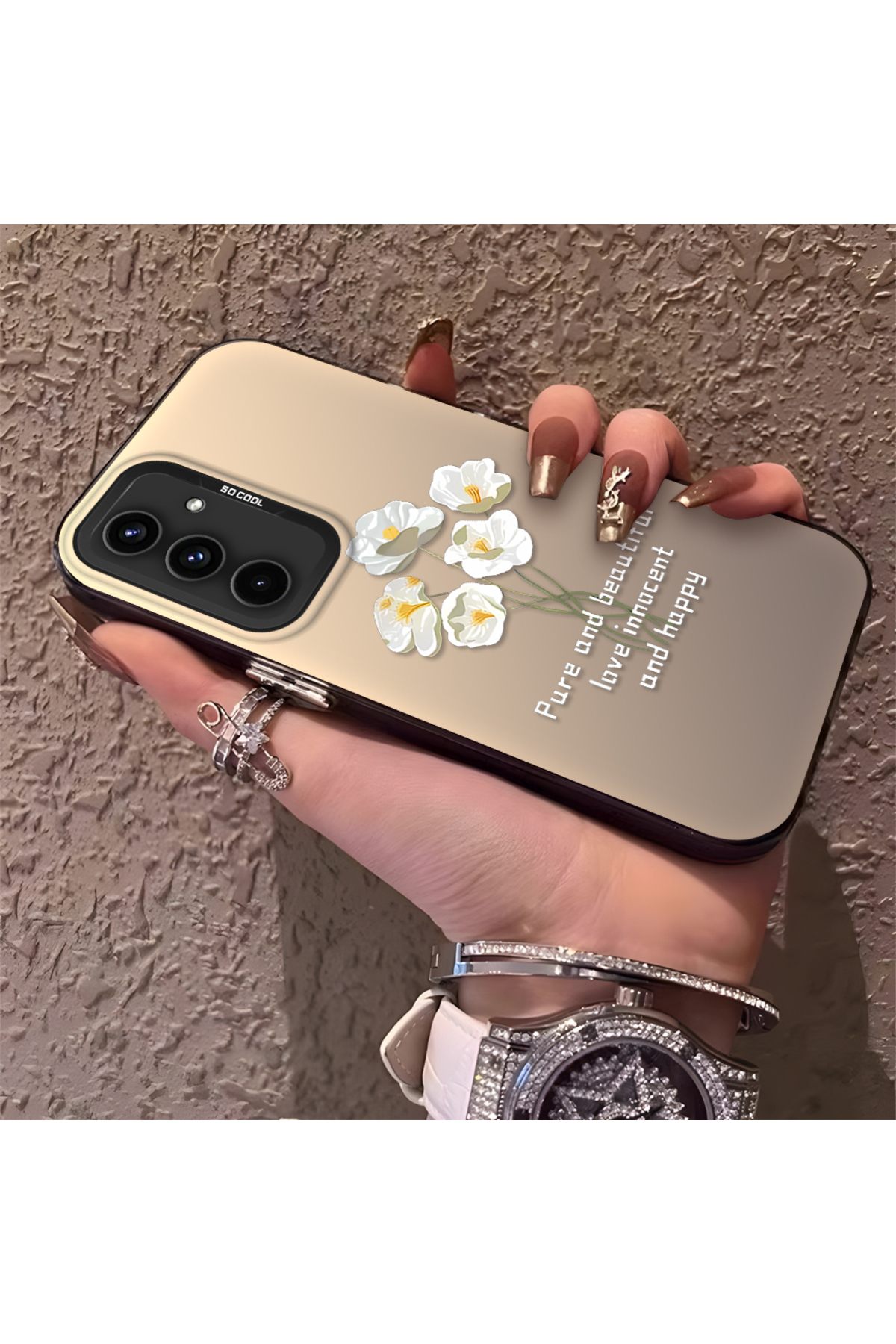 Samsung Galaxy A54 Compatible Silicone Edge Acrylic Back White Flower Protective Case