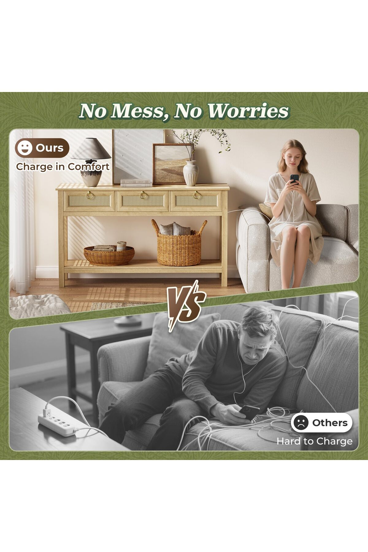 طاولة كونسول خيزران بيج مع أدراج ووحدة تخزين