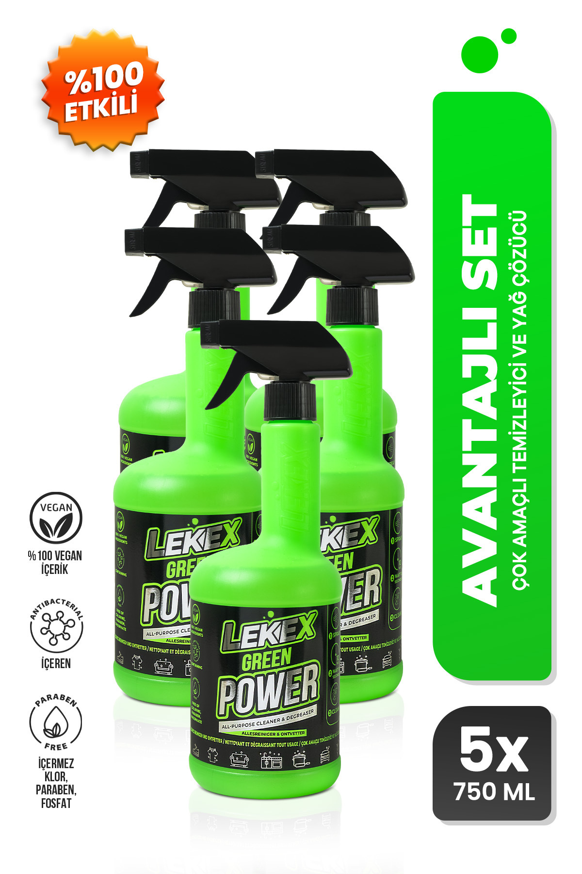 Pimoliza Lekex Green Power Çok Amaçlı Temizleyici ve Yağ Çözücü 750 ml x 5