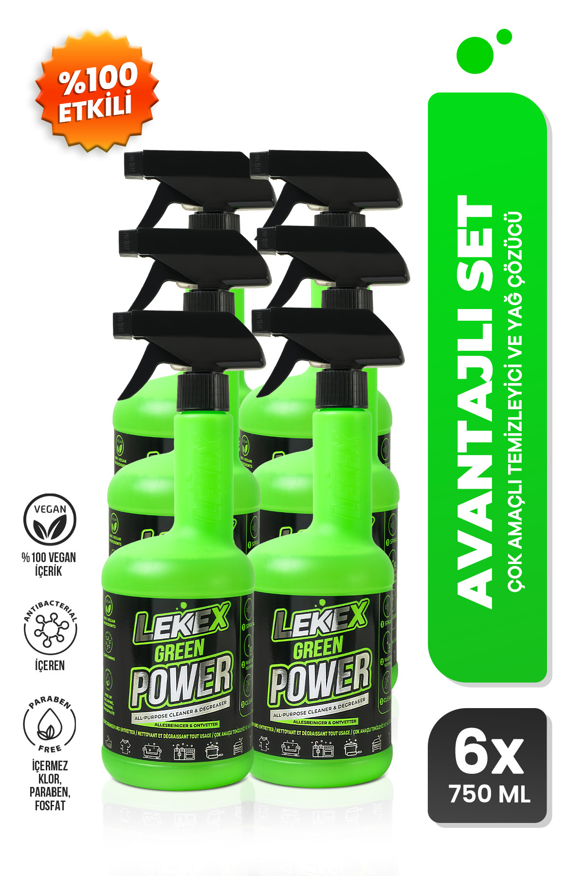 Pimoliza Lekex Green Power Çok Amaçlı Temizleyici ve Yağ Çözücü 750 ml x 6