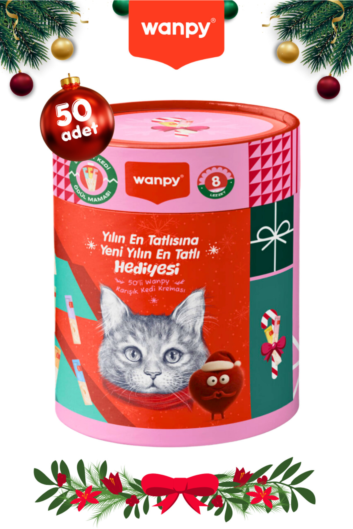 Wanpy 8 Lezzet 50li Kedi Ödül Kreması Yılbaşı Paketi Özel Kutulu