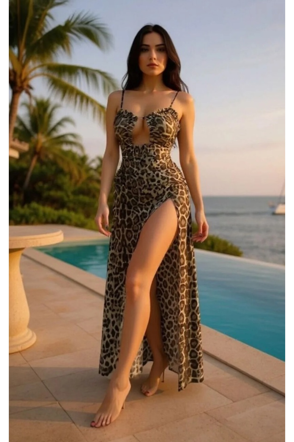 Qvien Secret Kadın Leopar Desen Gecelik Şık Çeyizlik Gecelik