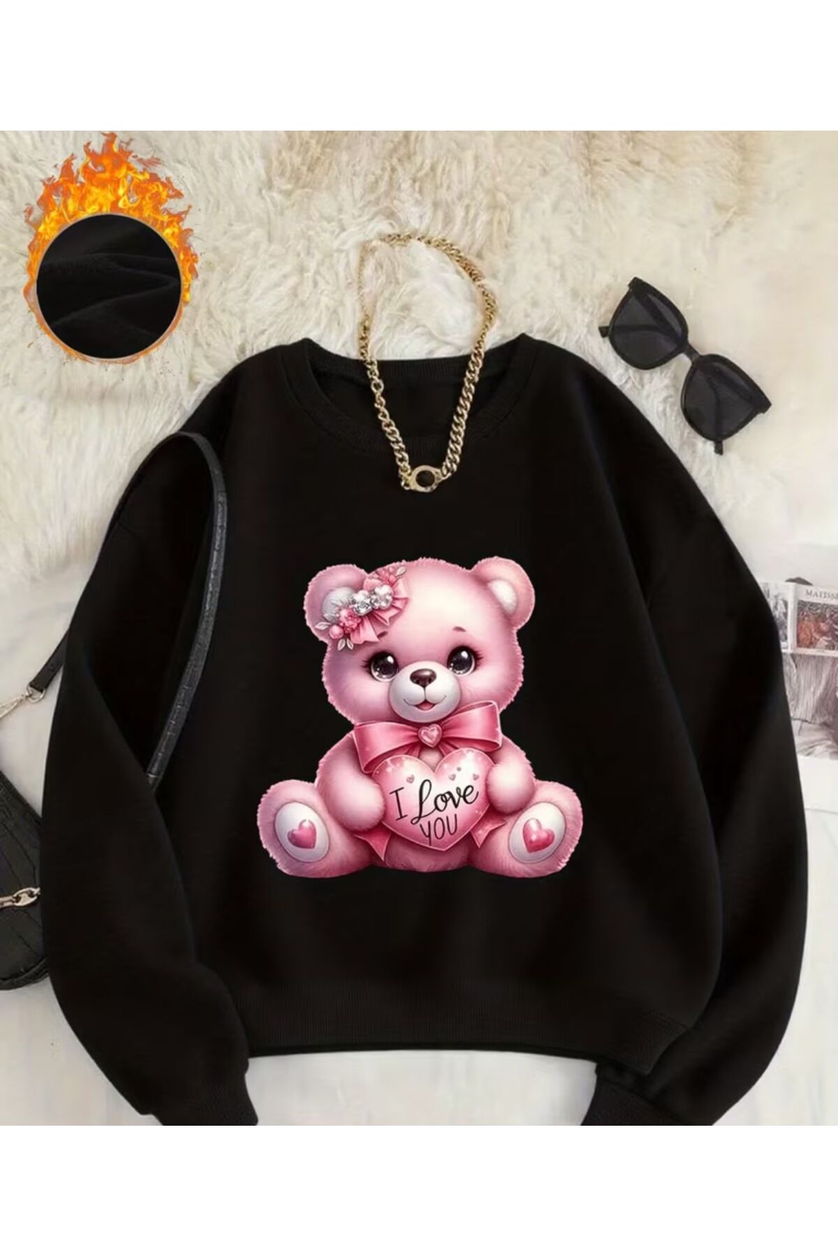 Pink Teddy Bear Print Detailed Crew Neck Sweatshirt