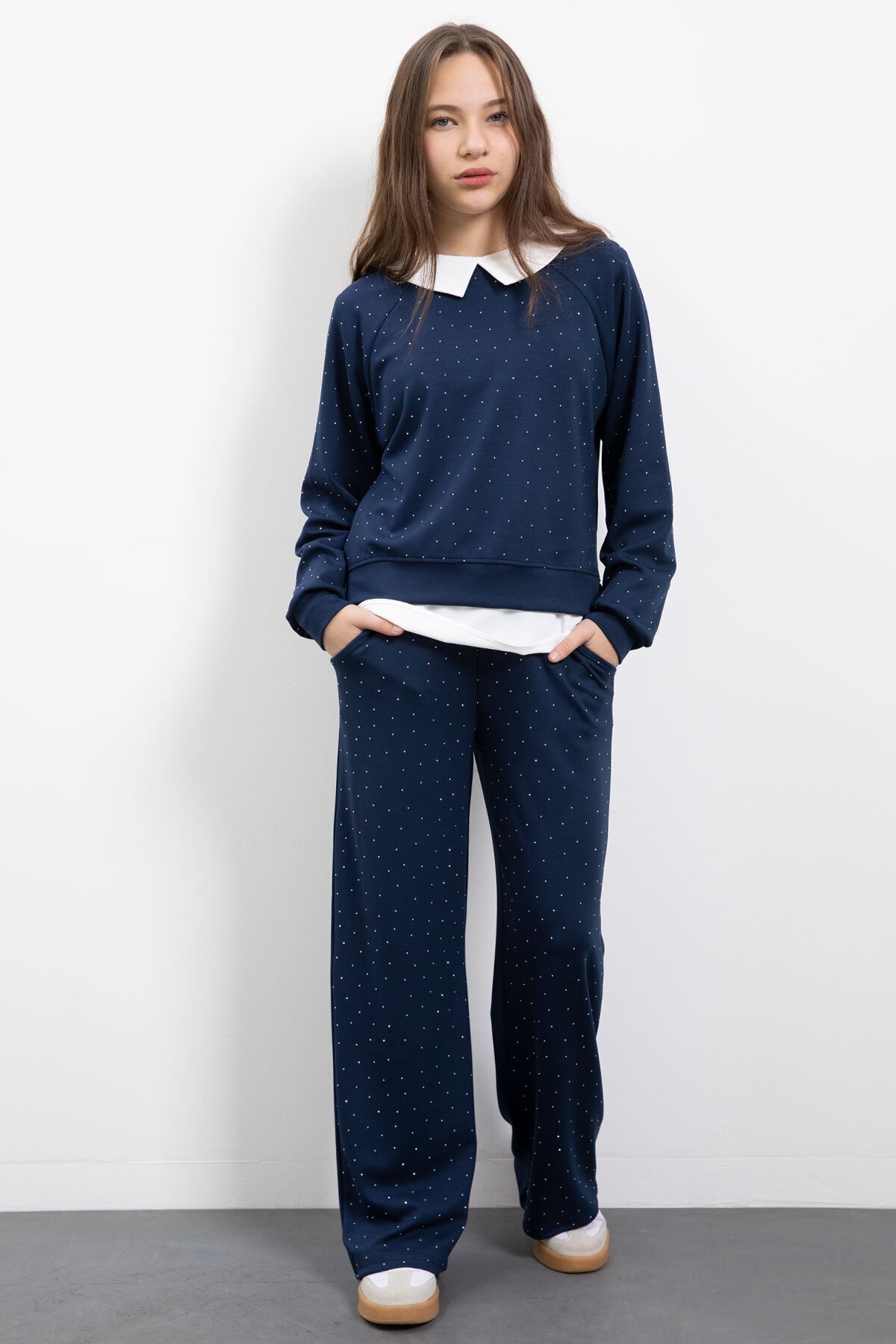 Navy Blue Stone Detailed Trouser Girl 3-Piece Shirt Set 23478