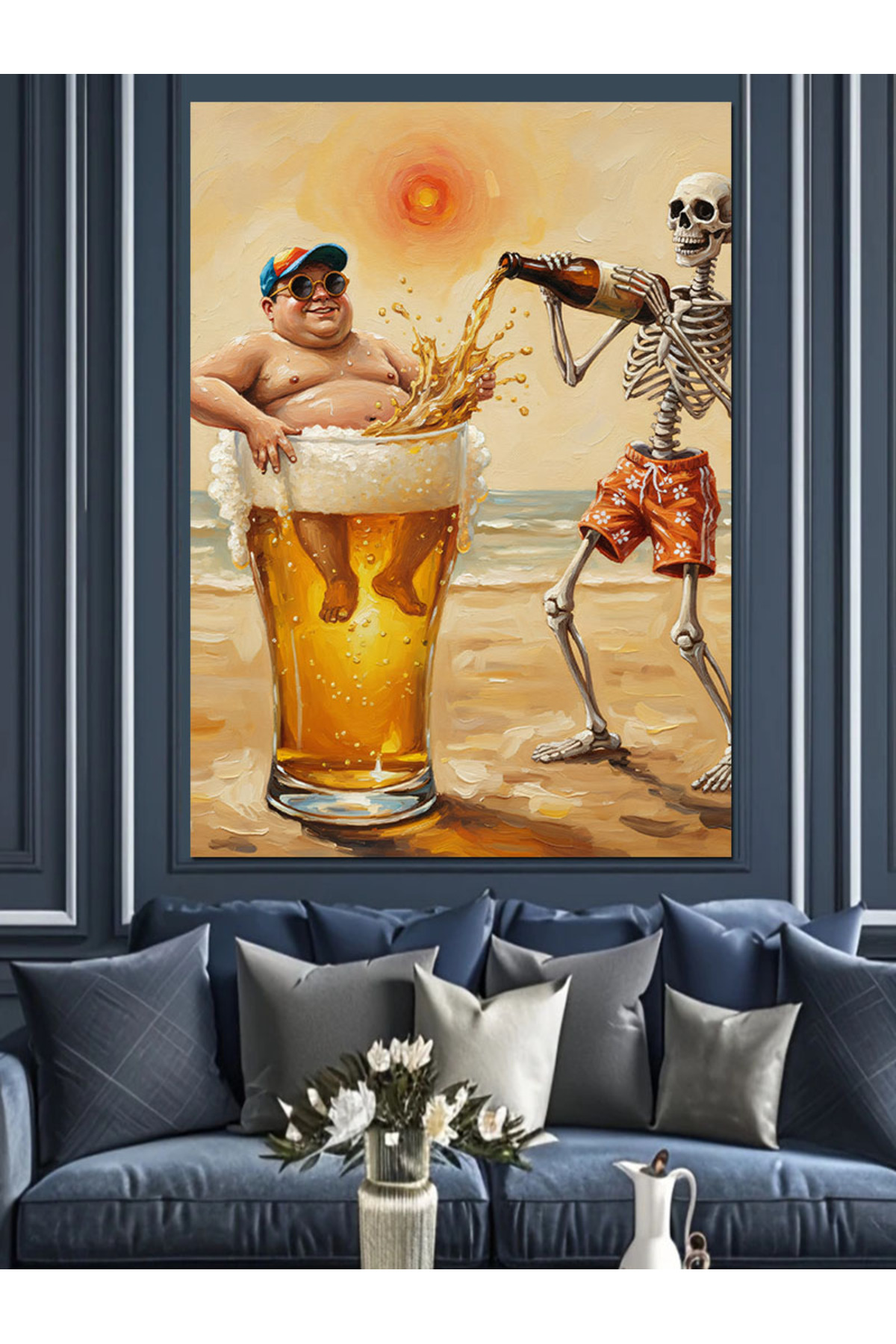 Bira İçen İskelet Yüksek kaliteli yağlı boya dokulu Kanvas Canvas Tablo kanvas tablo canvas tablo d