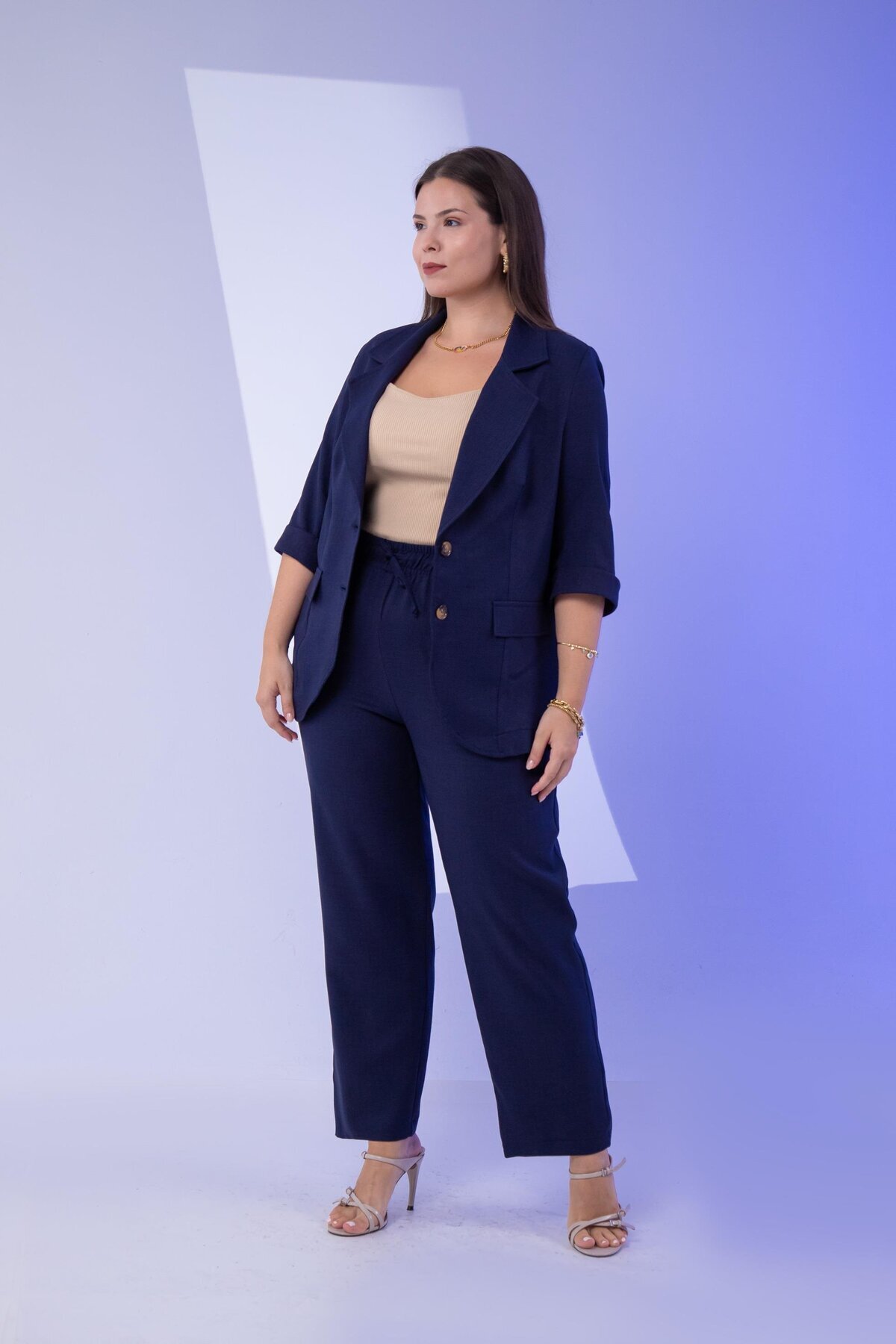 Roxxlen  333094 Kadın Büyük Beden Lacivert Keten 2'Li Takım - Görsel 8