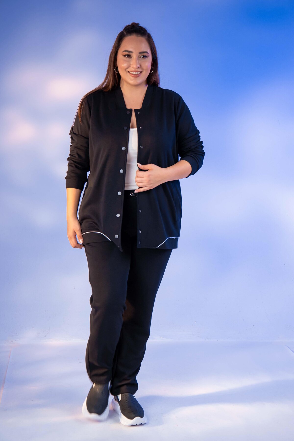 Roxxlen 122226 Kadın Büyük Beden Siyah ÇIT ÇIT DETAYLI EŞOFMAN TAKIM