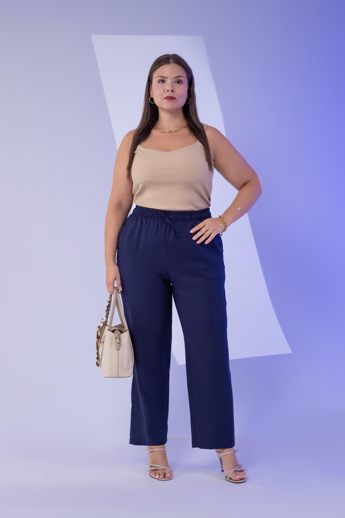 Roxxlen  333094 Kadın Büyük Beden Lacivert Keten 2'Li Takım - Görsel 6