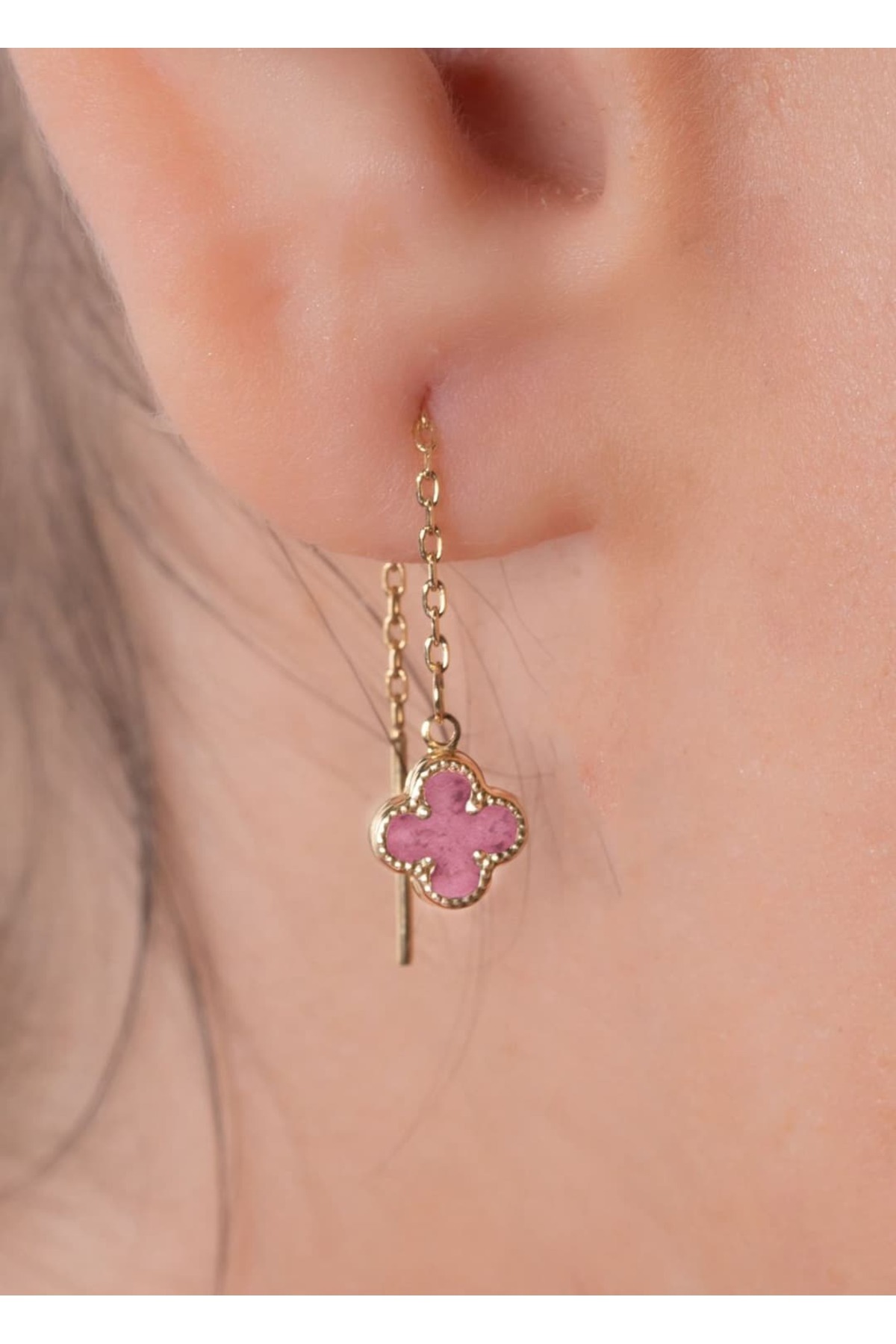 YCL JEWELLERY 8 Ayar Altın Pembe Sallantılı Yonca Küpe