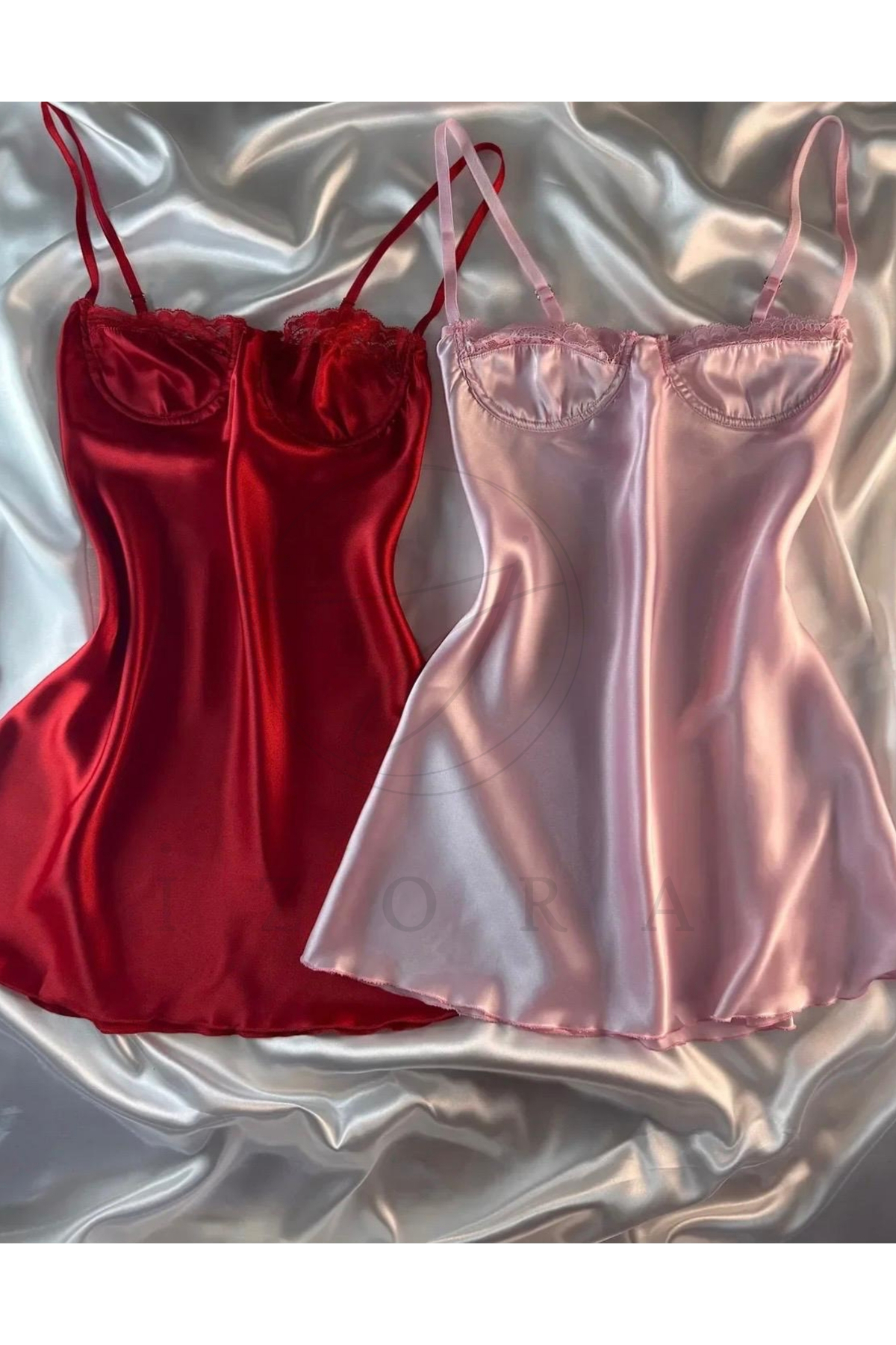 Harness İzora KIRMIZI ve PEMBE Dantel Detaylı Askılı Saten Mini Elbise (2'Lİ PAKET)