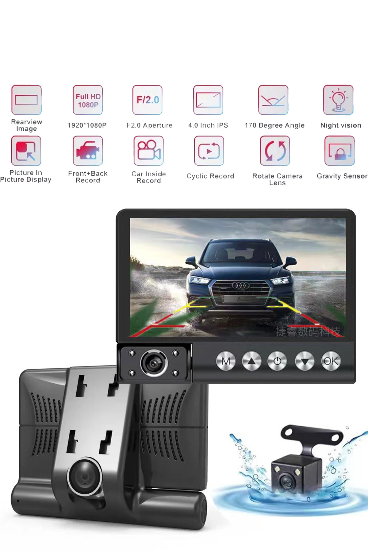 TECHNOMEN Full HD 3 Kameralı Araç İçi Kamera Ön Arka İç Kayıt Gece Görüşlü Geri Vites Kamerası Park Kamerası