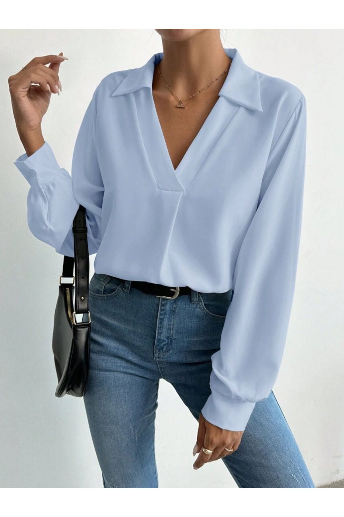 modamtn Kadın V Yaka Uzun Kollu Mosskrep Kumaş Bluz