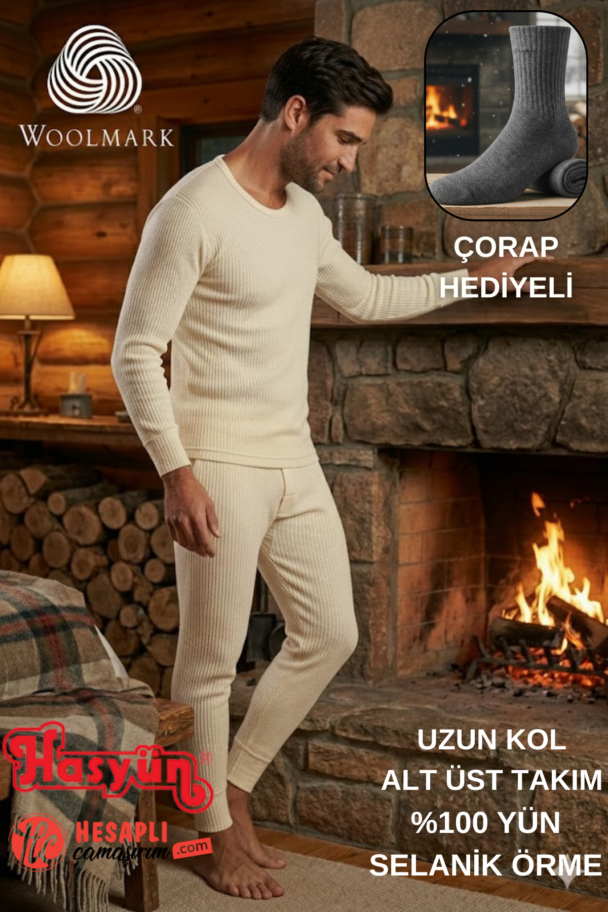 Hasyün Premium Erkek Kaşındırmaz %100 Yün Uzun Kol Alt Üst İçlik Takım Çorap Hediyeli görsel 3