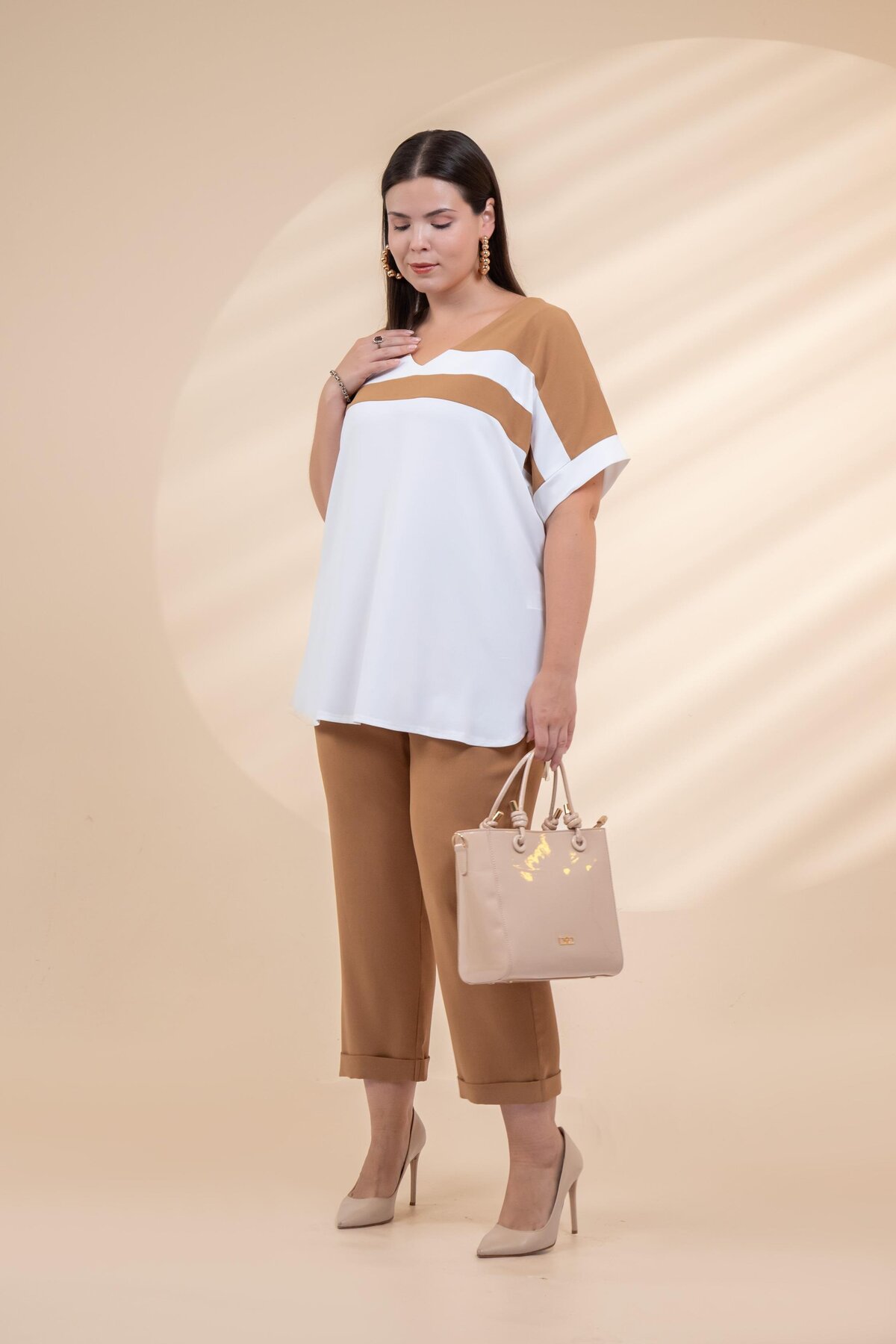 Roxxlen 11120868 Kadın Büyük Beden Camel Büyük Beden 111208687 V Yaka Garnili Takım