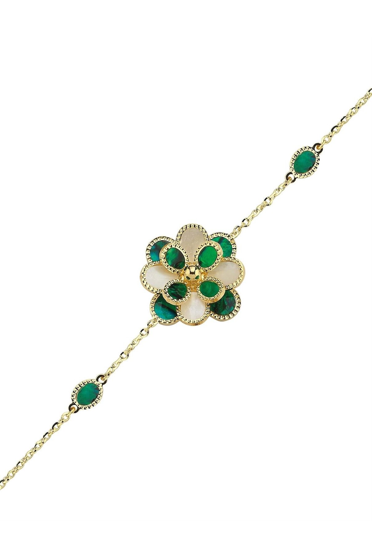PIRLANT Yeşil Beyaz Sedefli Çiçek Altın Bileklik