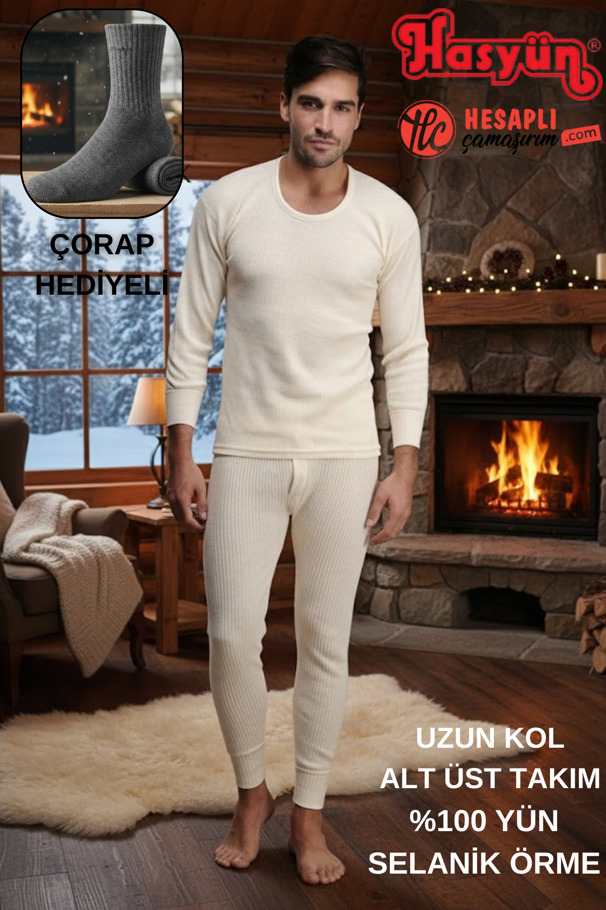 Hasyün Premium Erkek Kaşındırmaz %100 Yün Uzun Kol Alt Üst İçlik Takım Çorap Hediyeli görsel 2