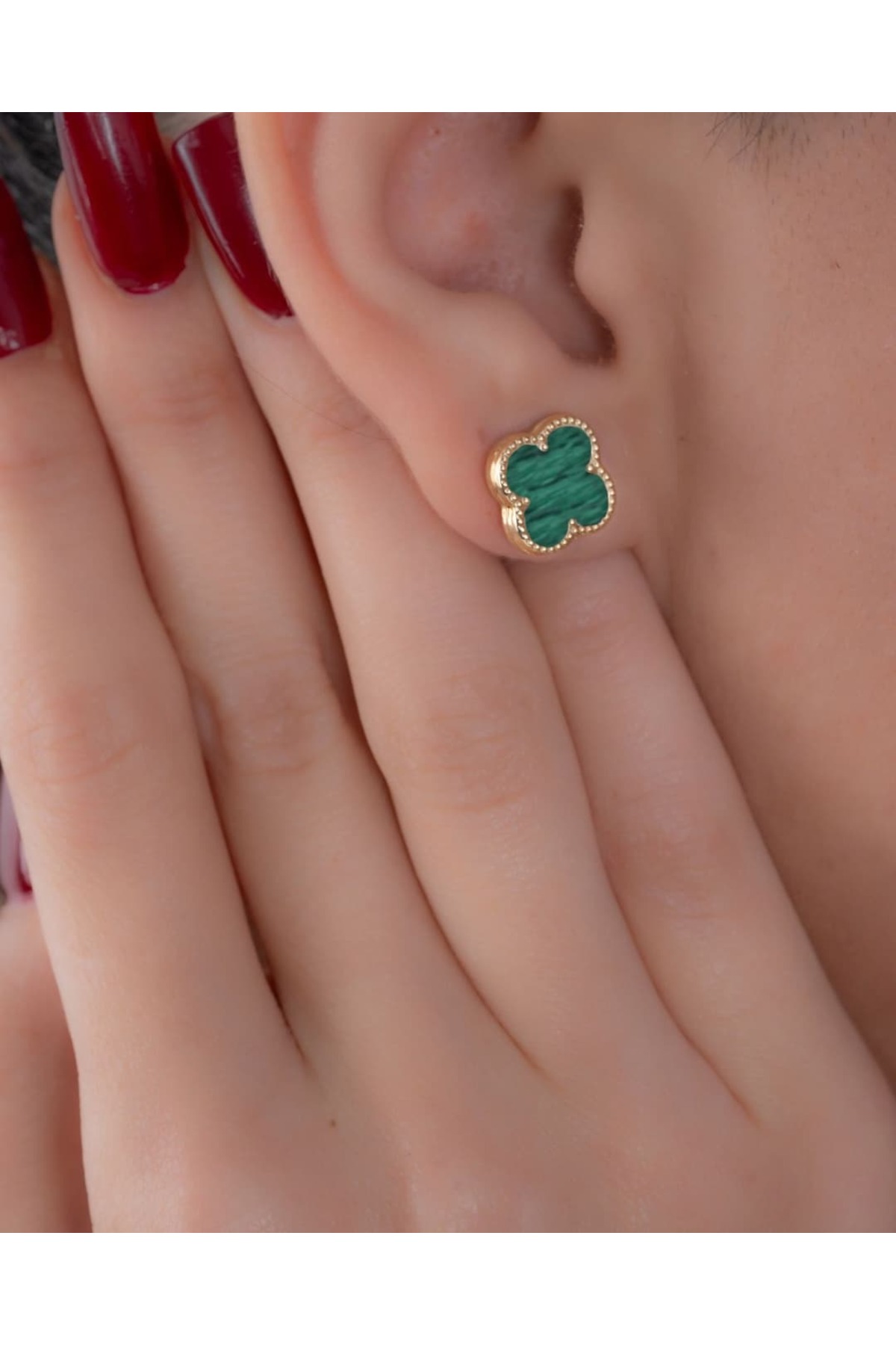 YCL JEWELLERY 14 Ayar Altın Malakit Yonca Pimli Küpe 10mm