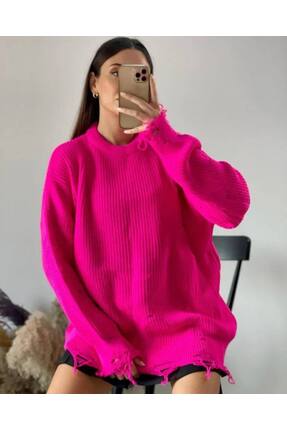 Cannes Oversize Yırtık Detaylı Triko Kazak Fuşya
