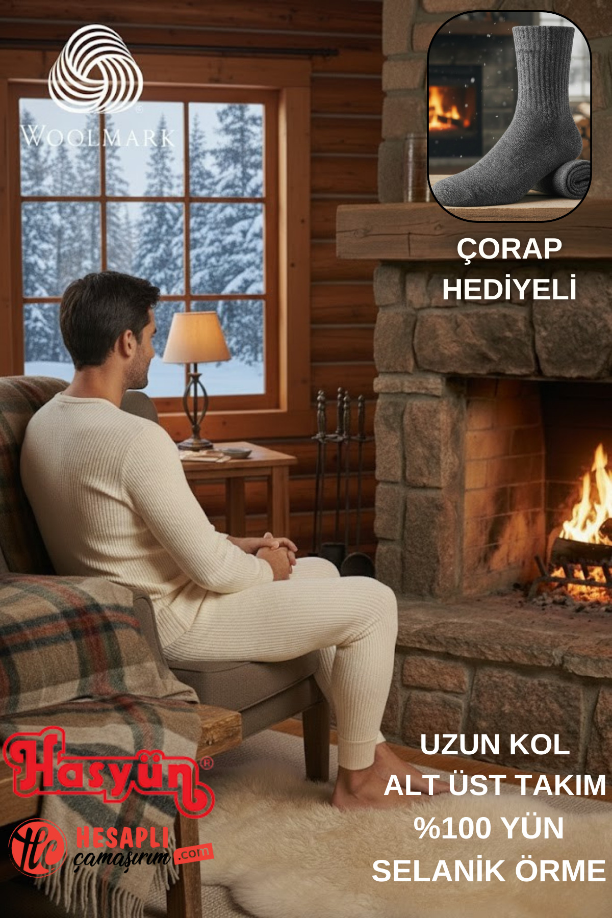 Hasyün Premium Erkek Kaşındırmaz %100 Yün Uzun Kol Alt Üst İçlik Takım Çorap Hediyeli görsel 6