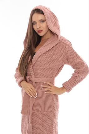 Cannes Pudra Rengi Kapşonlu Kalın Triko Uzun Hırka