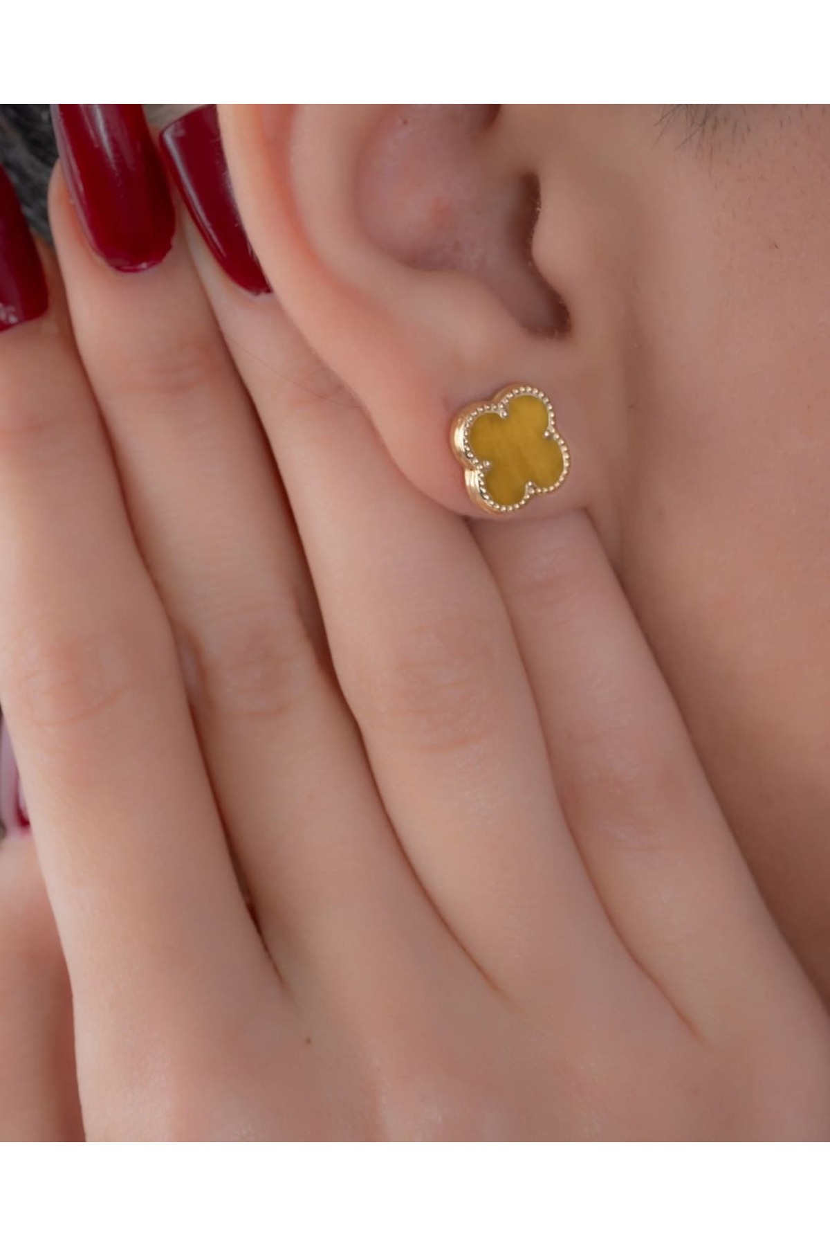 YCL JEWELLERY 14 Ayar Altın Karamel Yonca Pimli Küpe 10mm
