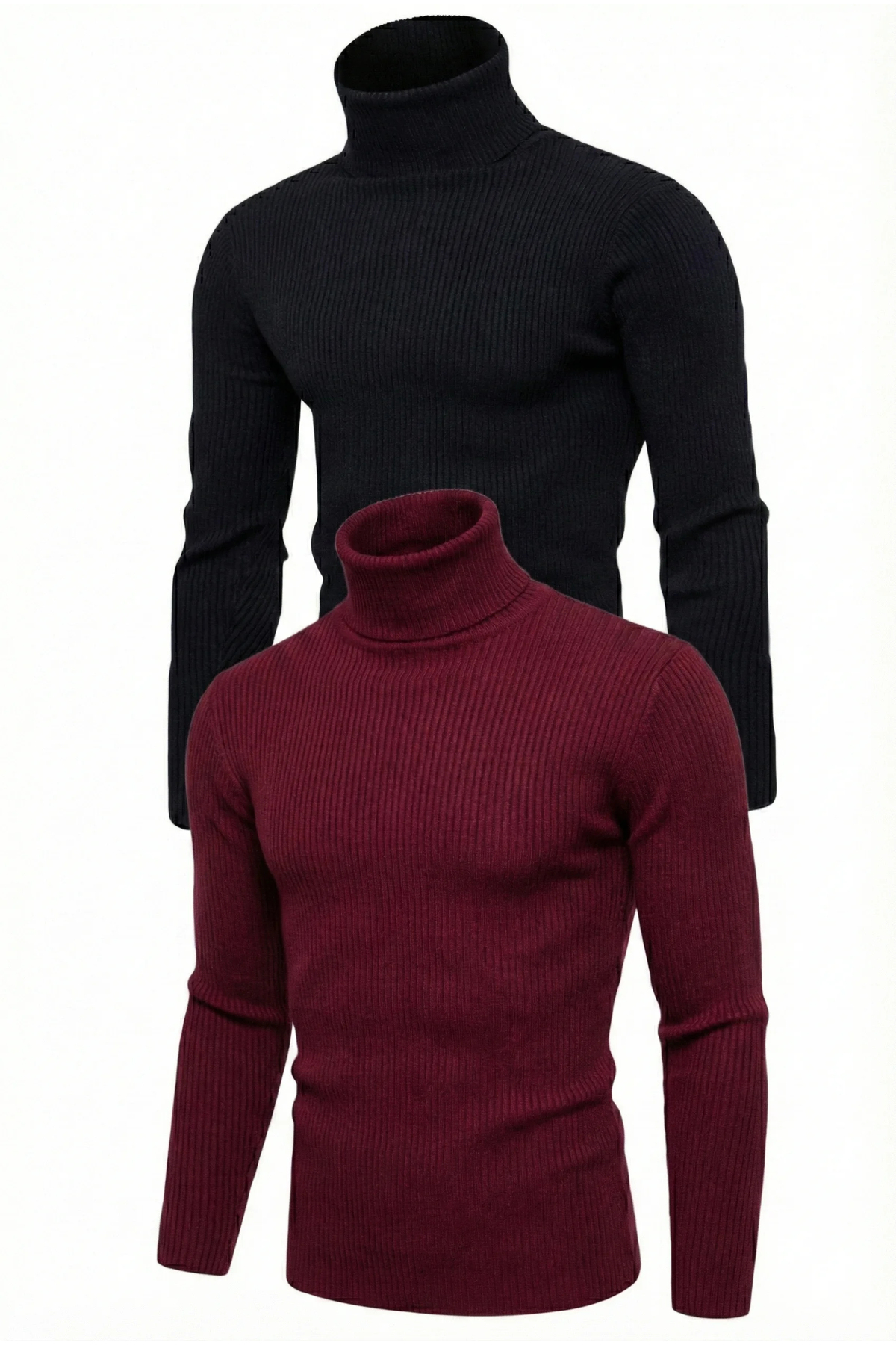 MODA 2'li Siyah Bordo Unisex Kaşkorse Boğazlı Full Likralı Fitilli Body Kazak