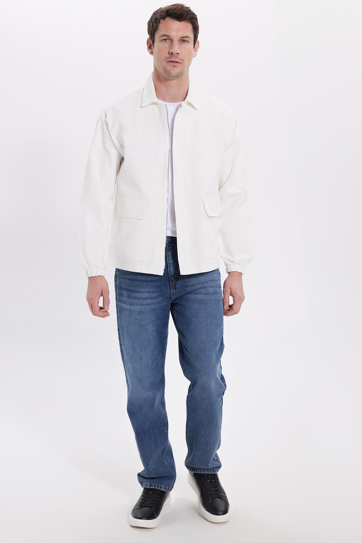 Tudors  Erkek Relax Fit Rahat Kesim Çift Cep Denim Beyaz Kot Mont Gömlek - Görsel 3